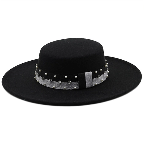 Elegant Flat Top Boater Hat With Artificial Pearl Rhinestone Band Wide Brim Felt Fedora For Women Wedding Party Travel
