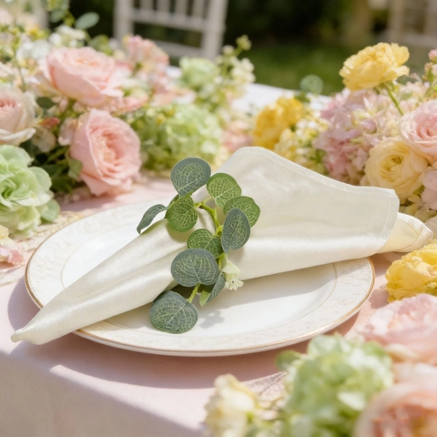 Ronds De Serviette En Feuilles D'eucalyptus Artificielles Satin Plastique Fait Main Pour Mariage Fête Décoration De Table