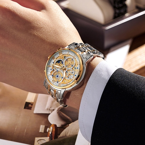 Men Quartz Watch Luxury Business Skeleton Design Waterproof Luminous Moon Phase Stainless Steel Strap Multifunctional