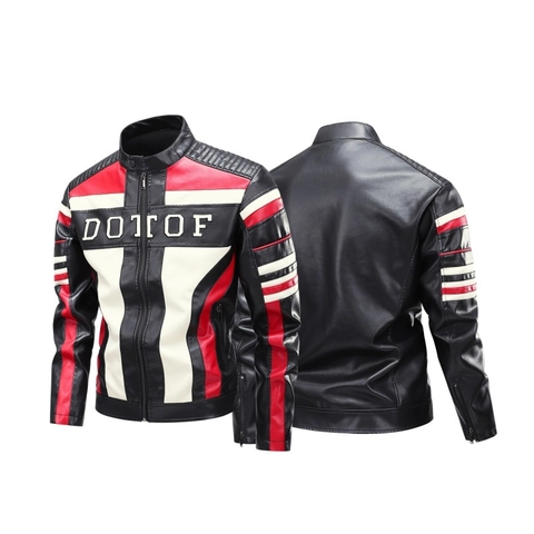 Herren Motorrad PU Lederjacke Color Block Racing Style Stehkragen Reißverschluss Casual Outerwear Vintage Moto Biker Mantel