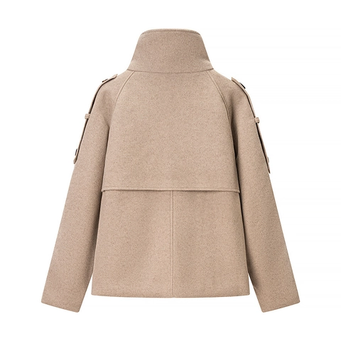 Women Double Breasted Stand Collar Woolen Style Outerwear Fashion Long Sleeve Solid Color Epaulet Pocket Commuter Jacket
