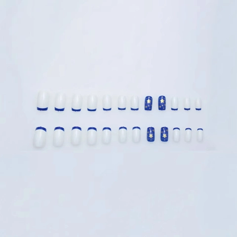Uñas Postizas French Blue White Edge Square Uñas Artificiales Patrón Estrella Dorada Estilo Dulce Y Genial