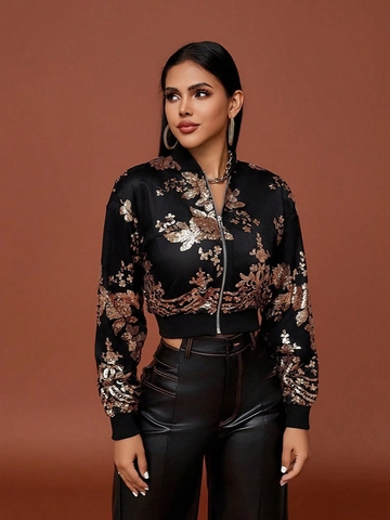 Giacca Bomber Donna Con Ricamo Di Paillettes Motivo Floreale Corta Satine Sexy Manica Lunga Cappotto Da Festa