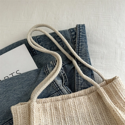 Frauen Stroh Tragetasche Gewebt Große Kapazität Strand Schultertasche Mit PU Lederpatch Und Seilgriff Casual Mode
