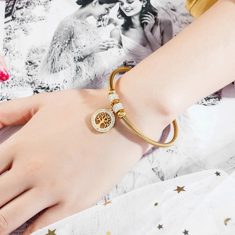 Lebensbaum Edelstahl Armreif Armband Straß Eingelegt Schlangenkette Magnetverschluss Damen Modeschmuck