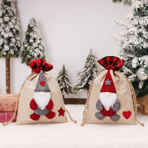 Weihnachts-Süßigkeitenbeutel Aus Jute Kordelzug Geschenksack Mit 3D-Zwerg Karomuster Festliche Party-Deko
