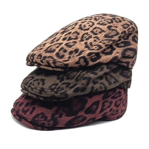 Luipaardprint Suède Baret Hoed Vintage Platte Pet Warm Modieus Retro Dames Accessoire