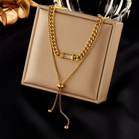 Double Layered Gold Stainless Steel Necklace With Rectangular Rhinestone Pendant Adjustable Long Chain For Women Jewelry