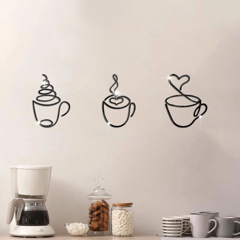 Autocollants Muraux 3D En Miroir Acrylique Tasse À Café Auto-Adhésif Imperméable Décalcomanies Pour Cuisine Restaurant
