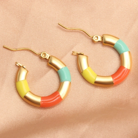Colorful Enamel Segmented Hoop Earrings Stainless Steel Gold Plated Geometric C Shaped Round Ear Jewelry For Women