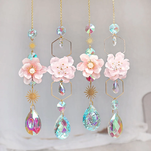 Attrape-Soleil En Cristal Carillon Éolien Ornement À Suspendre Avec Fleur Rose Prisme Irisé Pendentif Pour Jardin Fenêtre Décor Ton Or