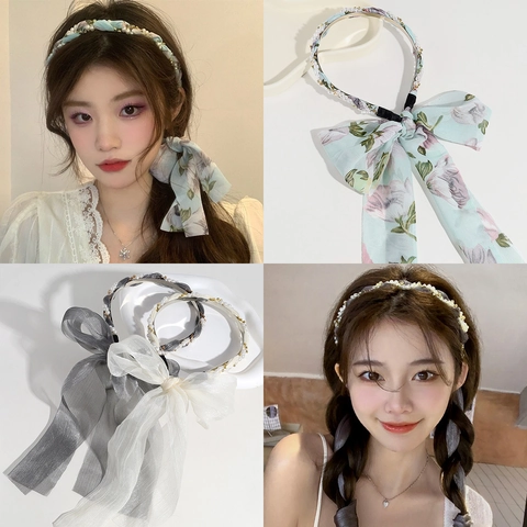 Cerchietto Elegante Con Fiocco Künstliche Perle Imitazione E Nastro In Tessuto Catena Retro Fascia Capelli Per Donne Ragazze