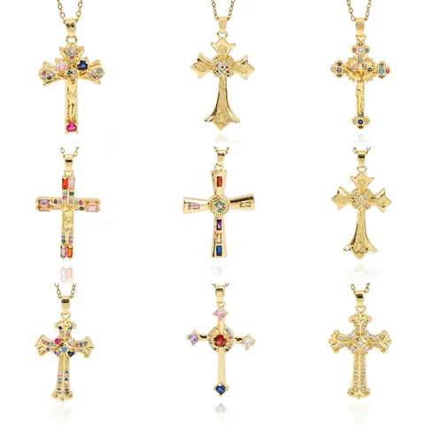 Collar Colgante Cruz Acero Inoxidable 316L Circón Colorido Impermeable Chapado En Oro Joyería Religiosa Vintage Hombres Mujeres