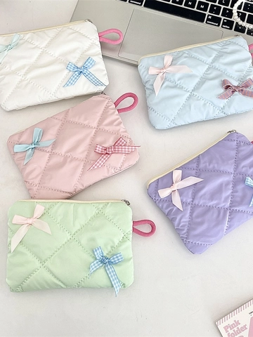 Quilted Makeup Bag With Bow Ribbon Decor Portable Cosmetic Pouch Polyester Zipper Mini Coin Purse For Women Sweet Travel