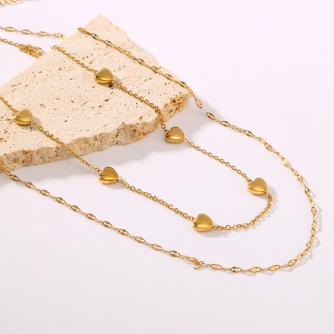 Double Layer Heart Shape Pendant Necklace 18K Gold Plated Stainless Steel Minimalist Trendy Cold Style Jewelry For Women