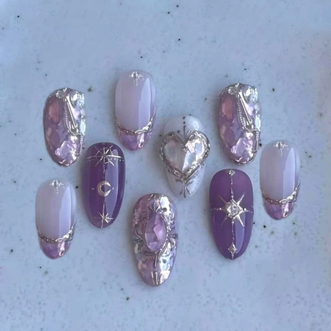 Uñas Postizas De Presión Luna Estrellas Moradas Con Corazón Cristal 3D Diamantes Accesorios Metal Estilo Francés Ovaladas Largas