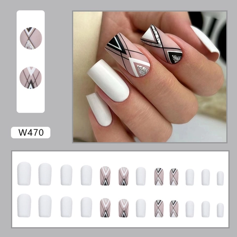 Matte Square Press On Nails Geometric Stripes Silver Glitter ABS False Nails Medium Long For Women Modern Daily Party