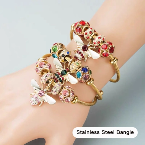 Stainless Steel Bee Charm Bangle Twisted Cable Bracelet Colorful Rhinestone Zircon Jewelry Women Elegant Gift