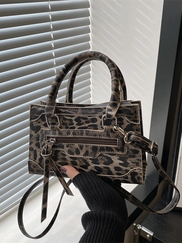 Sac À Main Vintage À Imprimé Léopard En Cuir PU Style Moto Sac À Bandoulière Avec Glands Pour Femmes