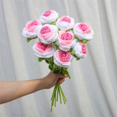 Handmade Crochet Rose Knitted Yarn Artificial Flower Single Stem For Home Decor Wedding Photography Prop Gift
