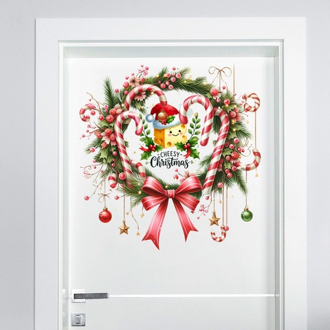 Weihnachtskranz Wandtattoo Wasserdicht PVC Selbstklebend Türaufkleber Cartoon Käse Design Festliche Haus Dekoration