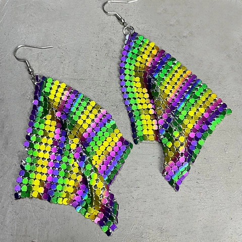 Orecchini Pendenti Mardi Gras Per Donna Pelle Scintillante Maglia Metallica E Piume Di Struzzo Accessori Festa