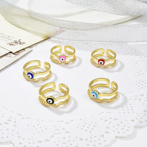 Copper 18K Gold Plated Evil Eye Double Layer Open Adjustable Ring For Women Enamel Zirconia Geometric Finger Ring Jewelry