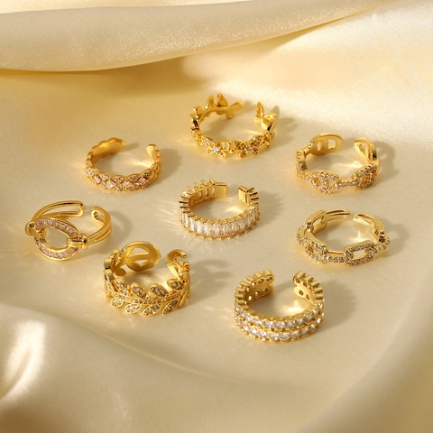Vintage 18K Gold Plated Copper Open Rings For Women Rhinestone Inlaid Geometric Adjustable Finger Ring Ins Style Jewelry