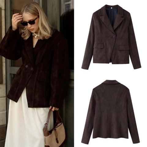 Damen Blazer Jacke Aus Wildlederimitat Mit Reverskragen Knopfverschluss Schmale Passform Langarm Büro Lässig Kaffee Herbstmantel