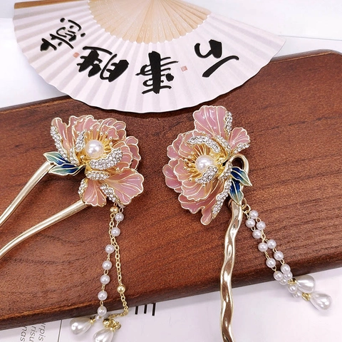 Pasador De Pelo Peonía Esmalte Vintage Con Borla De Perla Artificial Diamantes De Imitación Aleación Horquilla Elegante Hanfu Mujer