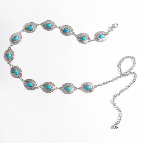 Vintage Boheemse Zilveren Metalen Taille Ketting Riem Met Ronde Turkoois Versieringen Verstelbare Prachtige Buik Ketting Voor Dames Jurken