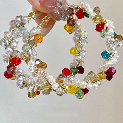 Orecchini A Cerchio Boho Cristallo Colorato E Imitazione Perla Artificial Con Perno Argento Donna