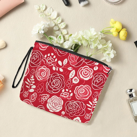 Floral Print Makeup Bag Polyester Linen Cosmetic Pouch With Zipper And Hand Strap Travel Storage Organizer