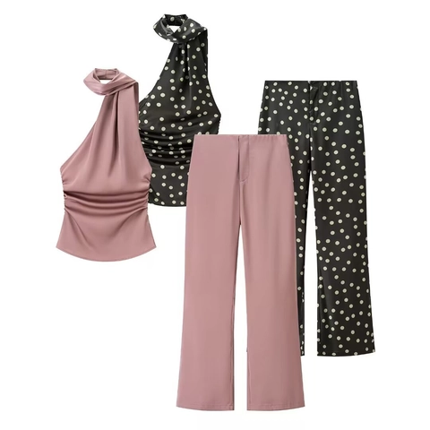 Satin Halter Top And Wide Leg Pants Elegant Sleeveless Ruched Backless Polka Dot Casual Vintage For Women