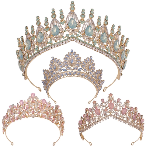 Baroque Bridal Wedding Crown Tiara Alloy Rhinestone Crystal Opalescent Stone Hair Accessory Elegant Headpiece For Women