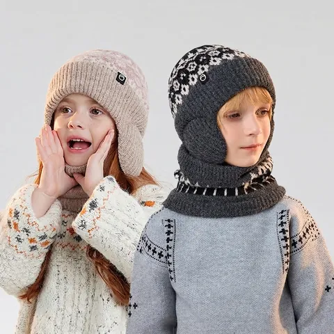 Ensemble Bonnet Et Écharpe En Tricot D'Hiver Pour Enfants Doublé Polaire Épais Chaud Protection Oreilles Coupe-Vent Filles Garçons