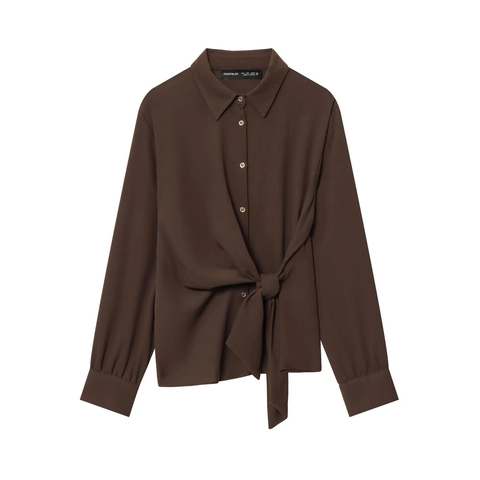 Women Long Sleeve Tie Front Shirt And Wide Leg Pants Casual Elegant Streetwear Polyester Crinkle Fabric Solid Color
