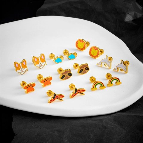 Cute Cartoon Animal Stud Earrings Titanium Steel Gold Plated Colorful Enamel Screw Back Jewelry For Women Girls