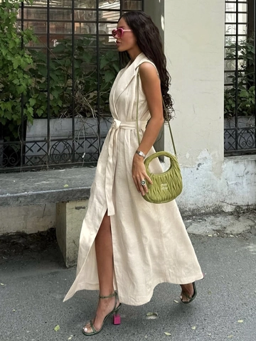 Robe Longue Chemise En Coton Sans Manches Avec Ceinture Col Revers Fente Latérale Élégante Décontractée Couleur Unie Pour Femme
