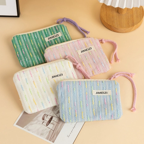 Borsa Da Trucco In Maglia A Righe Organizzatore Da Viaggio Portatile In Poliestere Tessuto Pochette Con Cerniera Per Monete