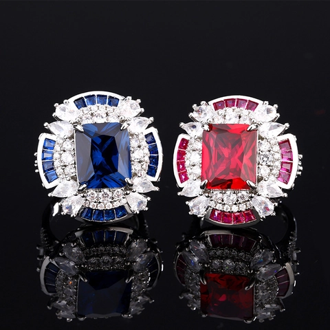 Adjustable Luxury Zirconia Geometric Ring For Women Royal Blue Red Corundum Fashion Jewelry Evening Party Statement Ring