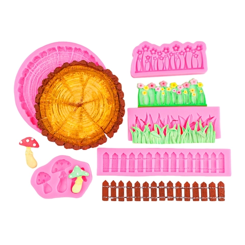Pastoral Silicone Fondant Cake Mold Mushroom Fence Grass Tree Rings Shape Chocolate Baking Mould Resin DIY Craft Decorating Tool