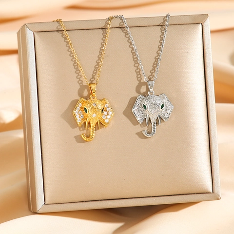 Collana Con Pendente Testa Di Elefante Acciaio Inossidabile Micro Pave Zircone Bianco Zircone Verde Occhio Gioielli Hip Hop Donna