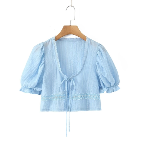 Damen Kurzarmbluse Spitze Bindedesign V Ausschnitt Strukturierte Crop Top Süße Mode