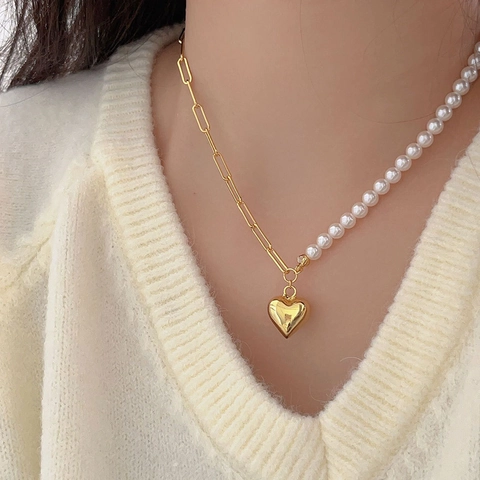 Collana Cuore Di Perla Artificial Asimmetrica In Argento Sterling 925 Placcato Oro 18K Catena Graffetta Per Donna Stile Francese Elegante