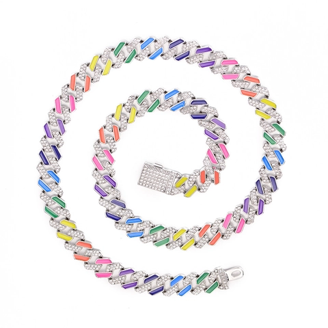 Hip Hop Cuban Link Necklace And Bracelet Zinc Alloy Rhinestone Enamel Colorful Rainbow Iced Out Jewelry Unisex Fashion Trend