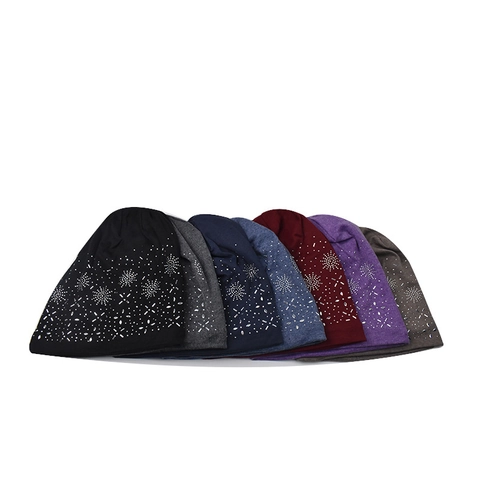 Bonnet Slouchy Beanie En Tricot Mélange De Coton Avec Strass Motif Flocon De Neige Chaud Hiver Femmes