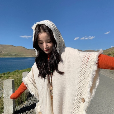 Women Vintage Bohemian Hooded Poncho Tassels Knitted Cloak Imitation Cashmere Ethnic Travel Jacquard Shawl Robe
