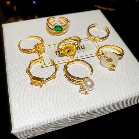 Snake Shaped Open Ring Copper Zircon Triple Layer Geometric Oval Emerald Green Citrine Yellow Luxury Vintage Jewelry For Women