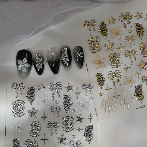 Pegatinas Para Uñas 5D Relieve Metálico Oro Plata Estampado Mariposa Lazo Estrella Corazón DIY Manicura Decoración Calcomanías